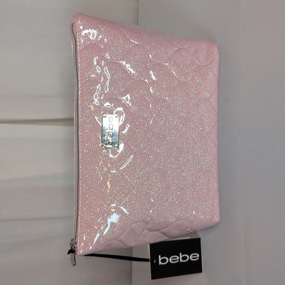 Bebe Pink Heart Quilted Shimmer Large Travel Cosmetic Bag 2 Travel Bottles NWT - Picture 2 of 3